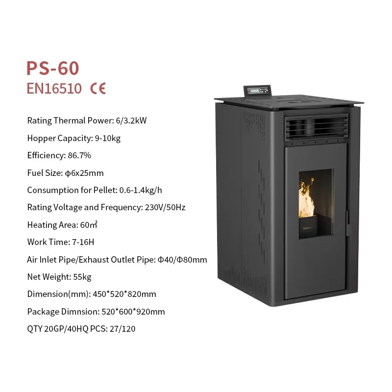 Wifi Pellet Stove 6.3KW Heating Modern Design Durable Cast Iron Freestanding 25kg Hopper Automatic Feeding Kitchen PS-60
