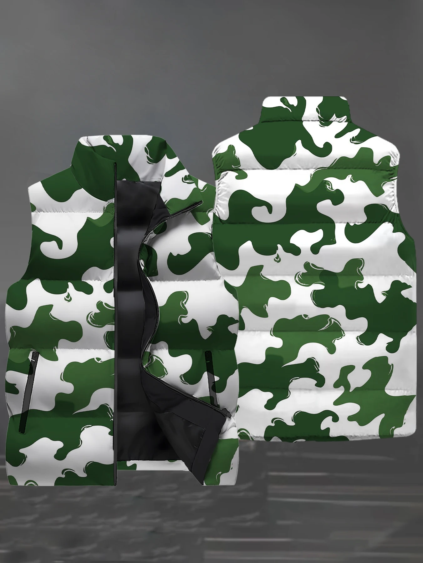 Men Stand Collar Puffer Vest 3D Full Print White Green Contrast Camouflage Pattern Sleeveless Padded Jacket Winter Warm Street O