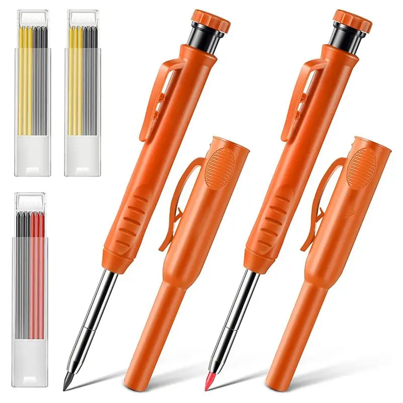 A75K 2 Pack Solid Carpenter Pencils , Scribe Tool with Built-in Sharpener for Construction Woodworking Architect (Orange)