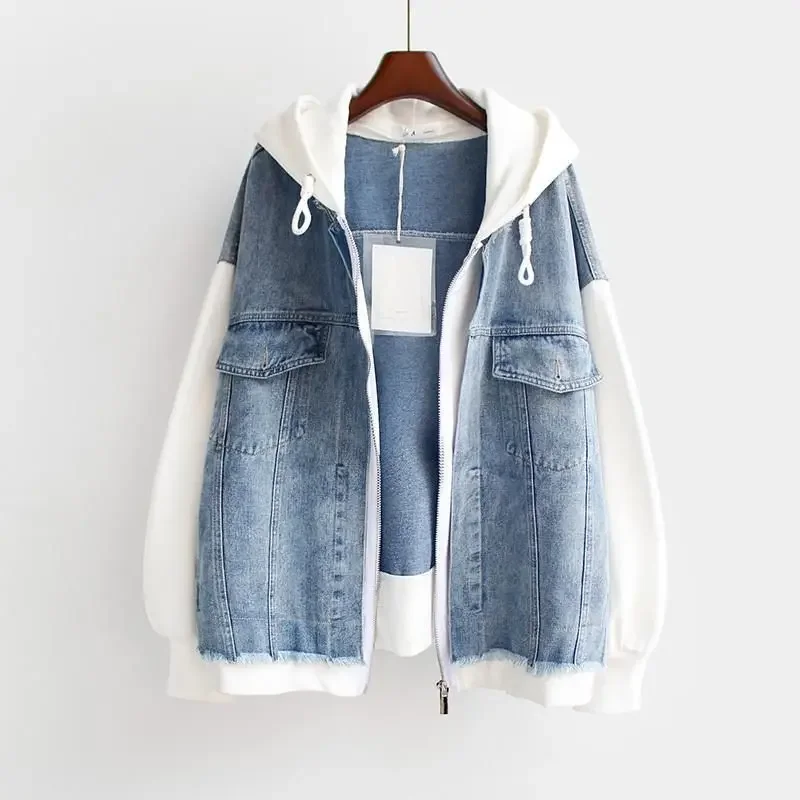 Spring Autumn Fake Two-piece Denim Hoodies Coat Women Trend Cardigan Hoodie Casual Loose Hooded Baseball Jacket Streetwear Woman