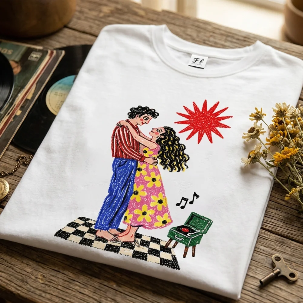 Women Dancing Couple Record Player Print T Shirt Retro Romance Graphic Tee Summer Short Sleeve Top Casual Streetwear Fashion