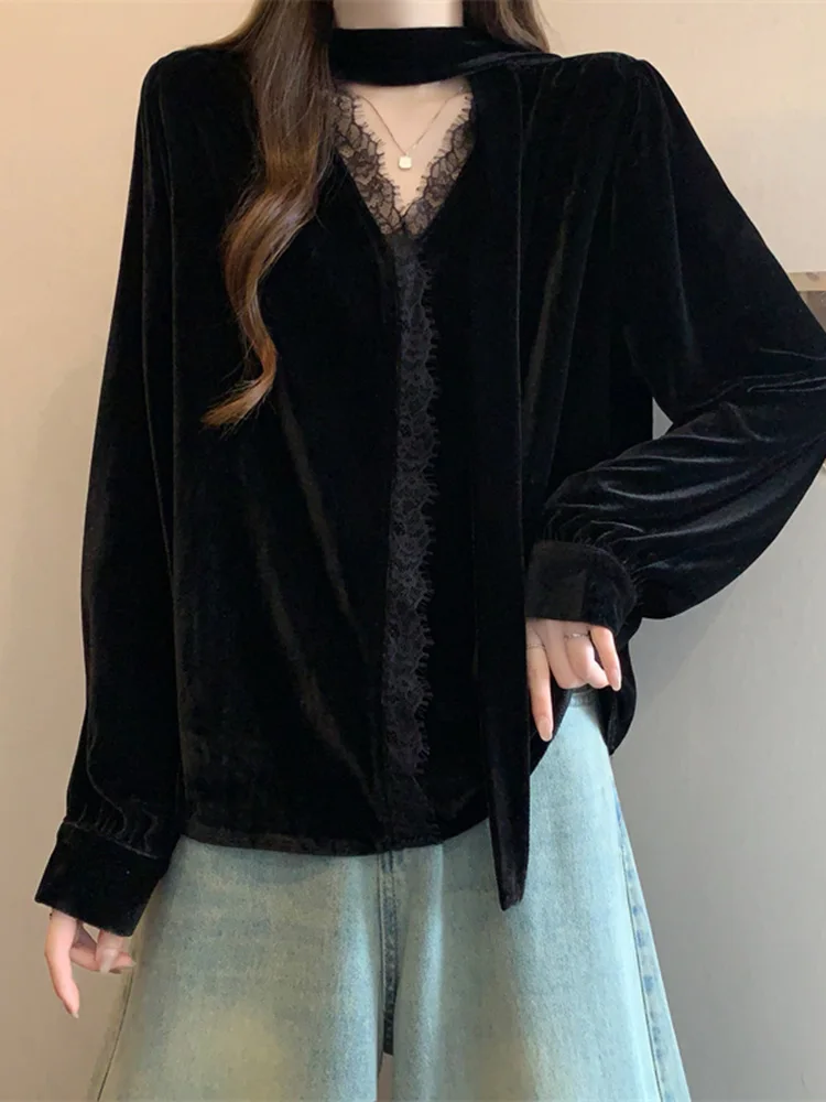 

Slimming V-Ne Long Sve Loose Chiffon irt Women's Autumn Winter Faion Casual Top Ele Draped Sle Inclusive Size