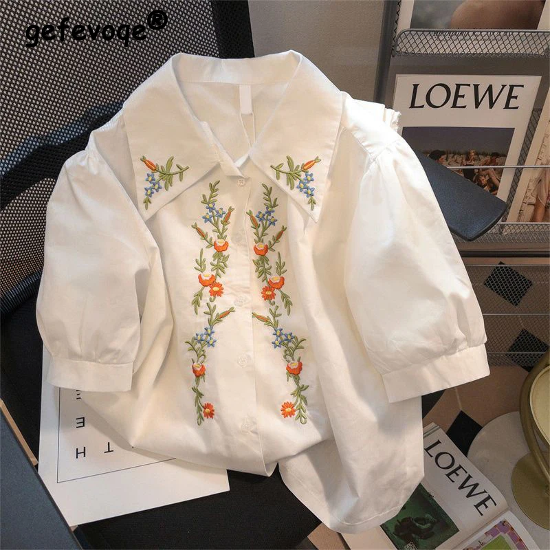 Clothes for Women Summer Vintage Embroidery Button Up Shirts White Sweet Cute Short Sleeve Blouses Simple Casual Loose Chic Tops