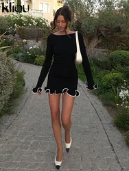 kliou Chic Trim Women Mini Dresses Classic Autumn Solid O-neck Full Sleeve Body-shaping Vestidos Female Trend Streetwear Frock