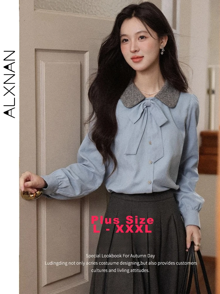 

ALXNAN Plus Size Women's Shirt Contrast Color Block Turn-down Collar Bow Tie Decoration Loose Fit Autumn Commuting Blouse D13228