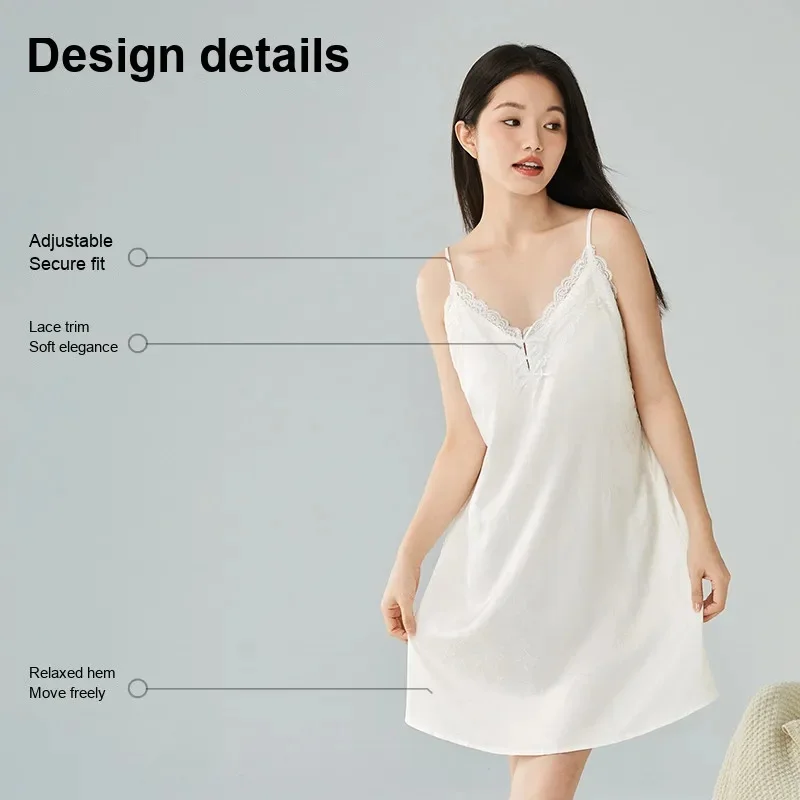 Women's Ivory Satin Jacquard Nightdress with Lace V-Neck and Built-in Padding, Adjustable Straps