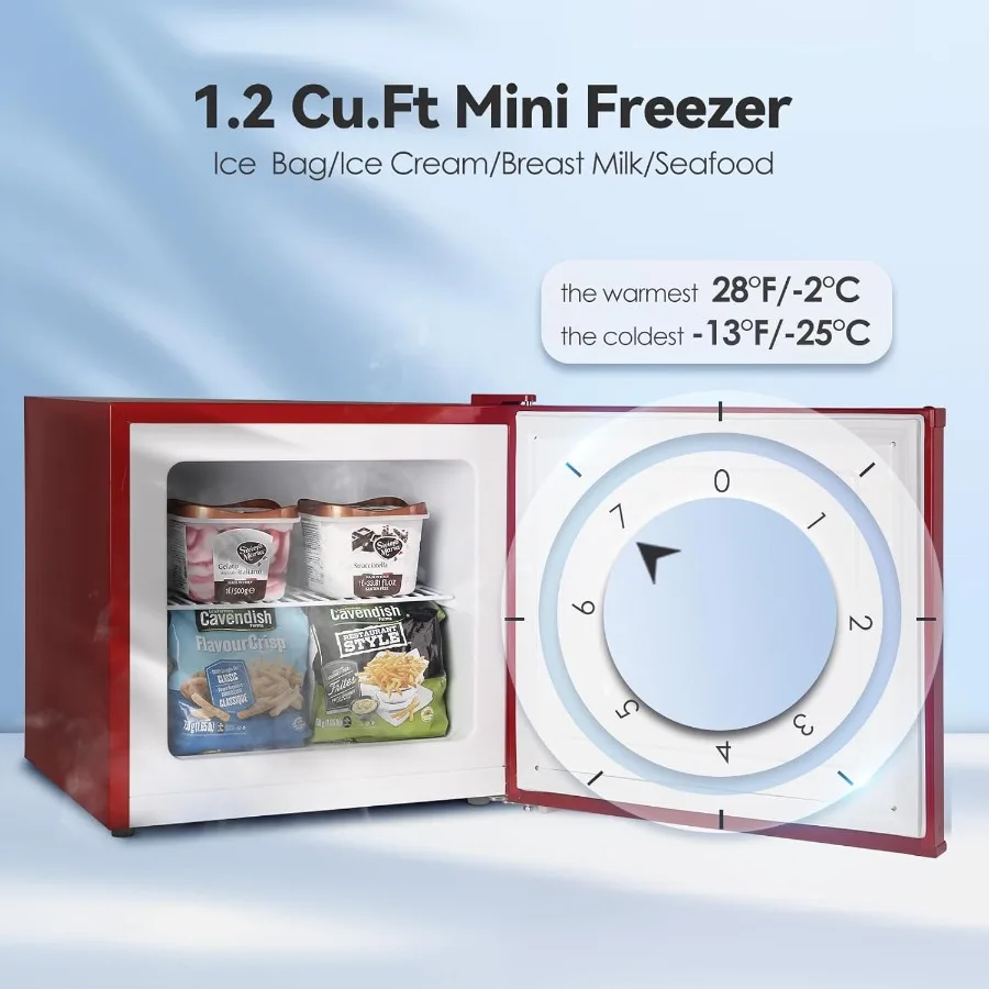 Mini Freezer 1.2Cu.ft Small Upright Freezer with Handle and Shelves 7 Adjustable Thermostat Low Noise Design Ideal for Bedroom