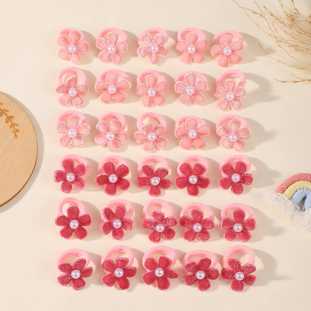 10/20/30Pcs Pink Series Flower Pearl Hair Bands Gentle Fabric Floral Elastic Hair Ties for Girls Daily Hairstyle Birthday Gift