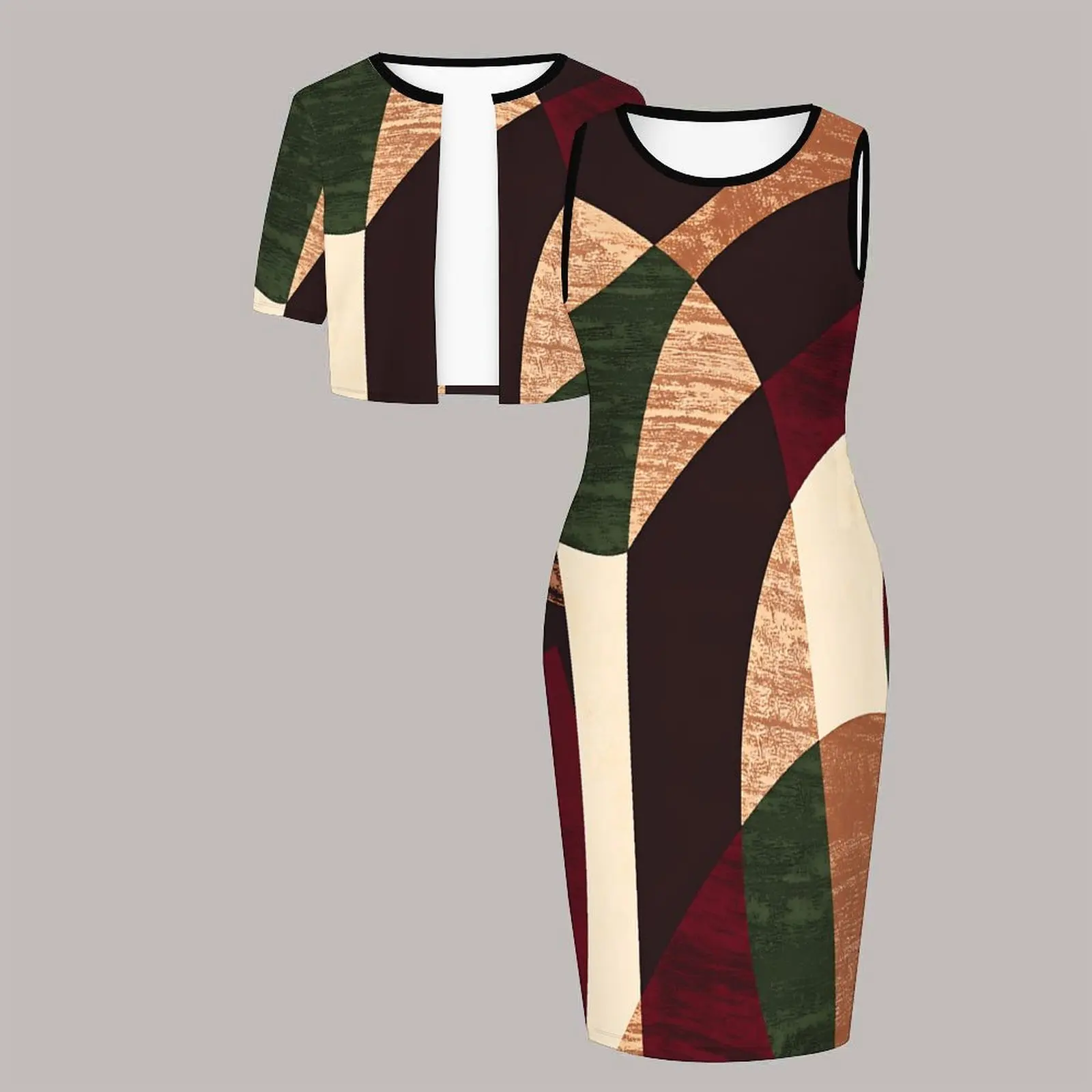 Plus Size 2pcs Women's Fashion Short-sleeved Coat Round-necked Tight Skirts Printed Design Two Piece Set Sleeveless Slim Skirt