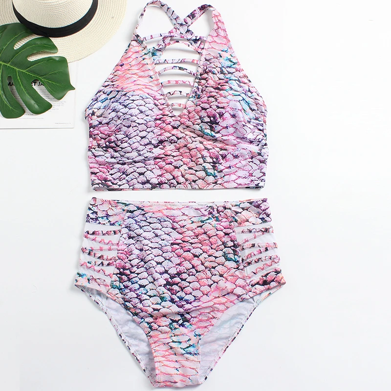 Set pakaian renang Tankini bermotif besar, Set baju renang celana pendek pinggang tinggi tali rantai