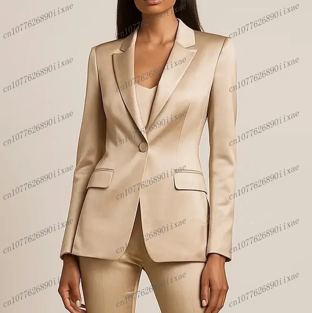 

Acetate Satin Beige Formal Occasion Women Suit Wedding Party Business Prom Mother Lady Tuxedos 3 Piece Set Blazer Vest Pants