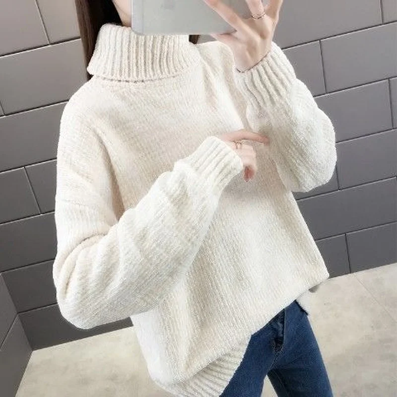 Chenille Turtleneck Sweater Wanita Musim Gugur dan Musim Dingin 2023 Mode Baru Longgar Warna Solid Pullover Lengan Panjang Atasan Rajut