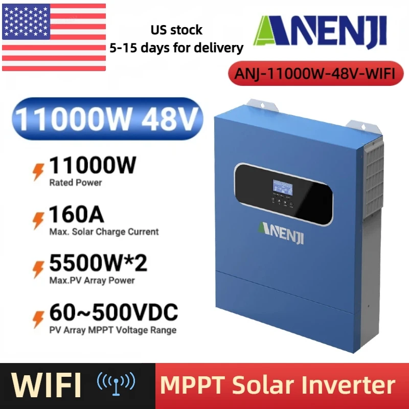 ANENJI 11KW 48V Solar Inverter 230VAC High Power Off / on Grid Inverter Dual PV Input Built-in 160A MPPT Solar Charge Controller