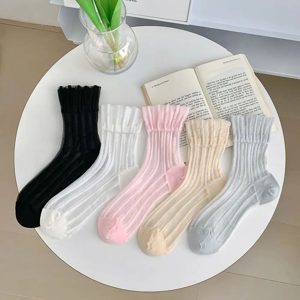 

Women's Socks Spring Summer Thin Vertical Strip Silk Solid Color Lace Girls Mid-tube Sock Ins Fashion Breathable Everything