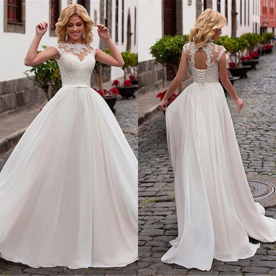 Vintage Keyhole Back Design Chiffon A-line Wedding Dress Lace Appliques & Belt With Cap Sleeves Beach Wedding Dresses 2021