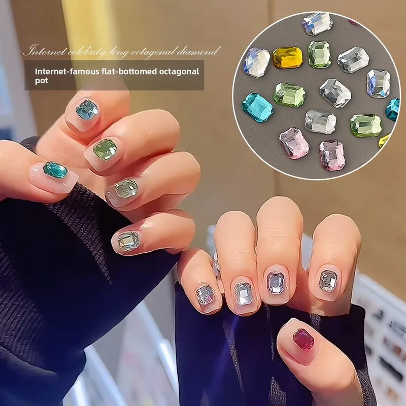 50Pcs Long Octagon Flat Back Crystal Nail Rhinestones Versatile Nail Charms DIY Manicure Nail Art Decorations Wholesale