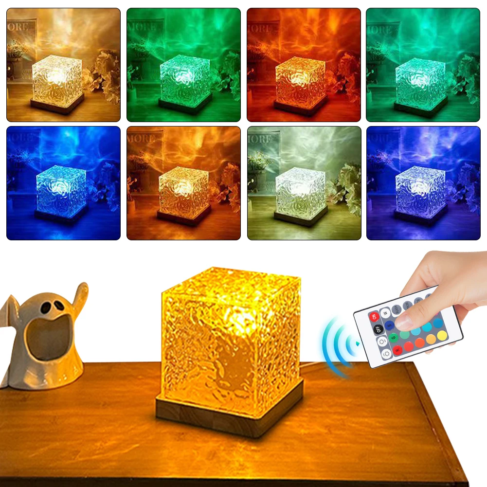 Dynamic Water Ripple Night Light 16 Colors Flame Crystal Lamp Remote Rotating Water Ripple Small Cube Lamp Home Decor