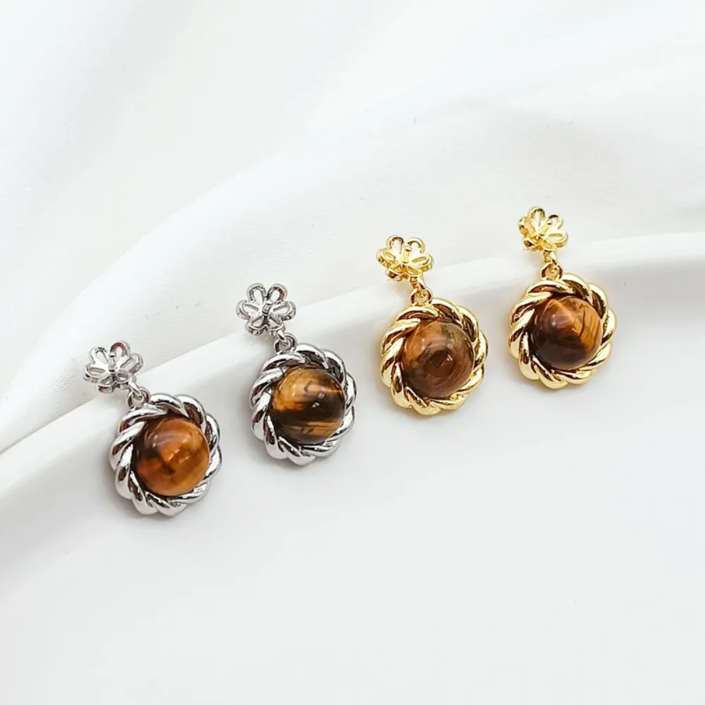 

18K Gold-plated White Gold Sticky Tiger's Eye Stone Hollow Stand S925 Silver Ear Needle Handmade DIY Jewelry Ear Needles Earring