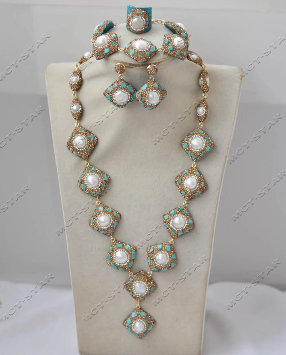 MTC·STAR  Luxury Set 25mm White Round Pearl Golden Square Turquoise All CZ Necklace Bracelet Earring Ring （Z13298 ）