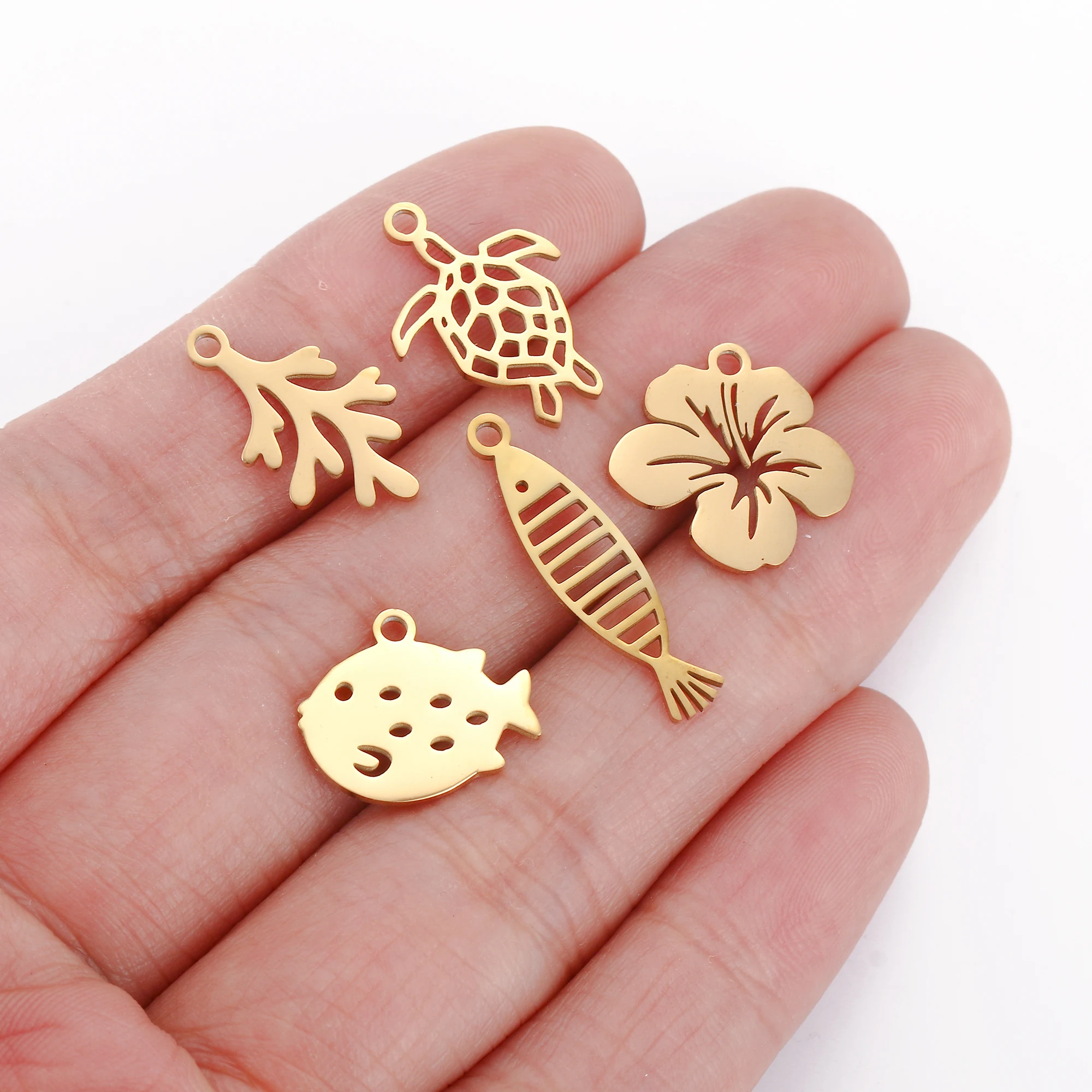 5Pcs Puffer Fish/Hawaii Flower/Jellyfish Sea Charms Stainless Steel Pendants Necklace Bracelet Dangle DIY Jewelry Making Supply