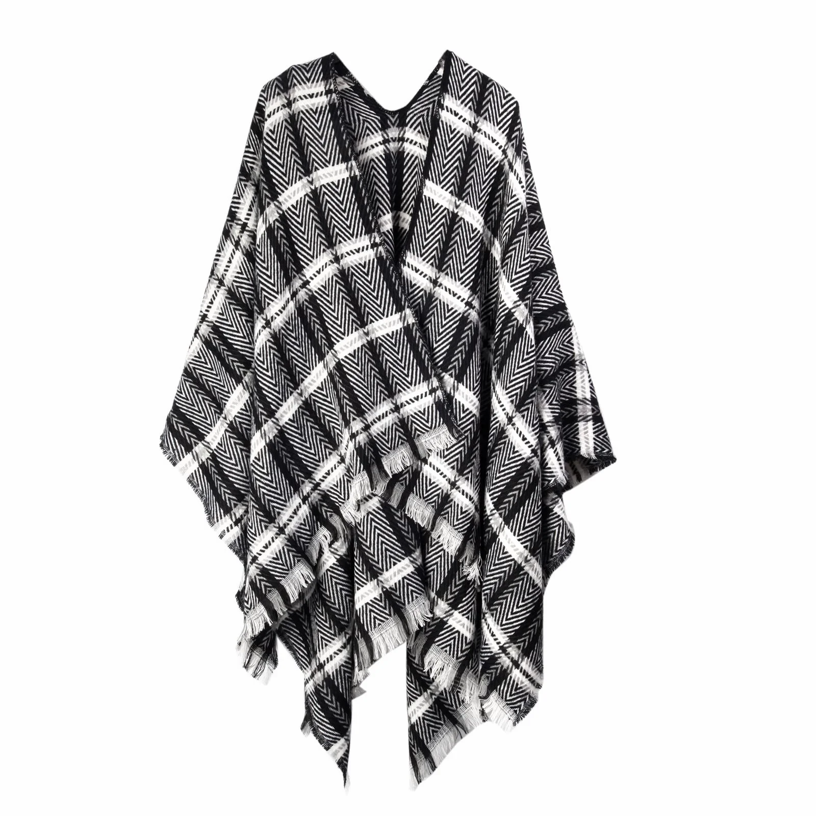 

Black and White Checkered Classics Geometric Tassel Pashmina Poncho Capes Coat Women Scarfs Spring Autumn Winter Warm Shawl