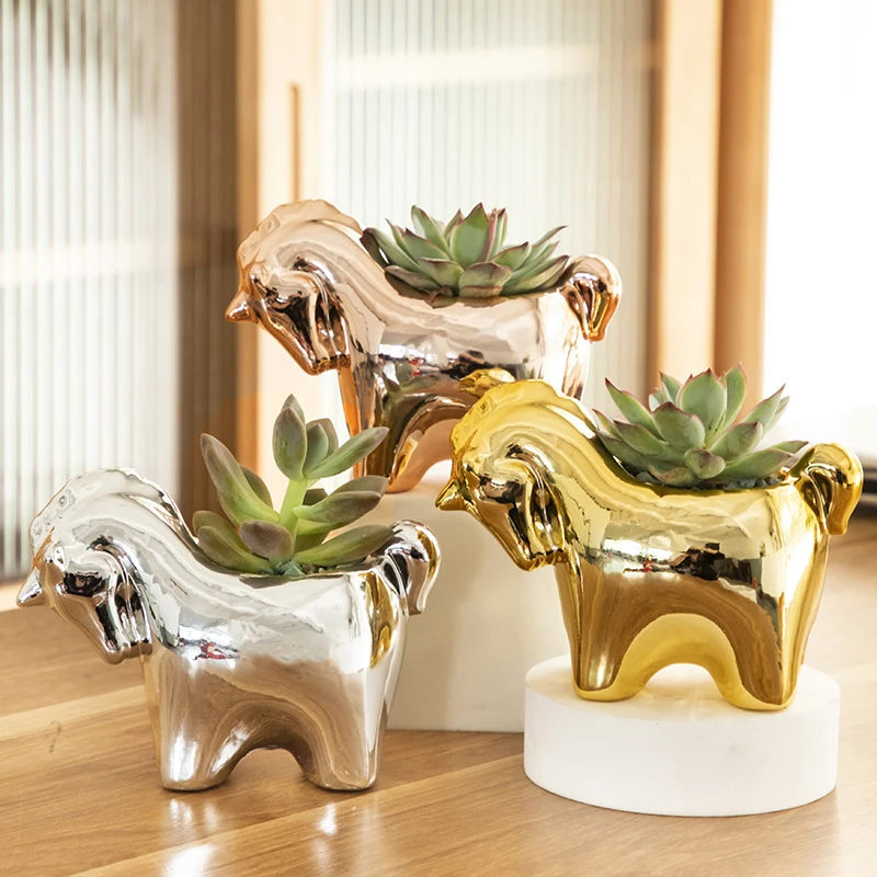 Cartoon Electroplated Golden Ceramic Fleshy Flower Pot Artware Office Desktop Decor Planter Home Garden