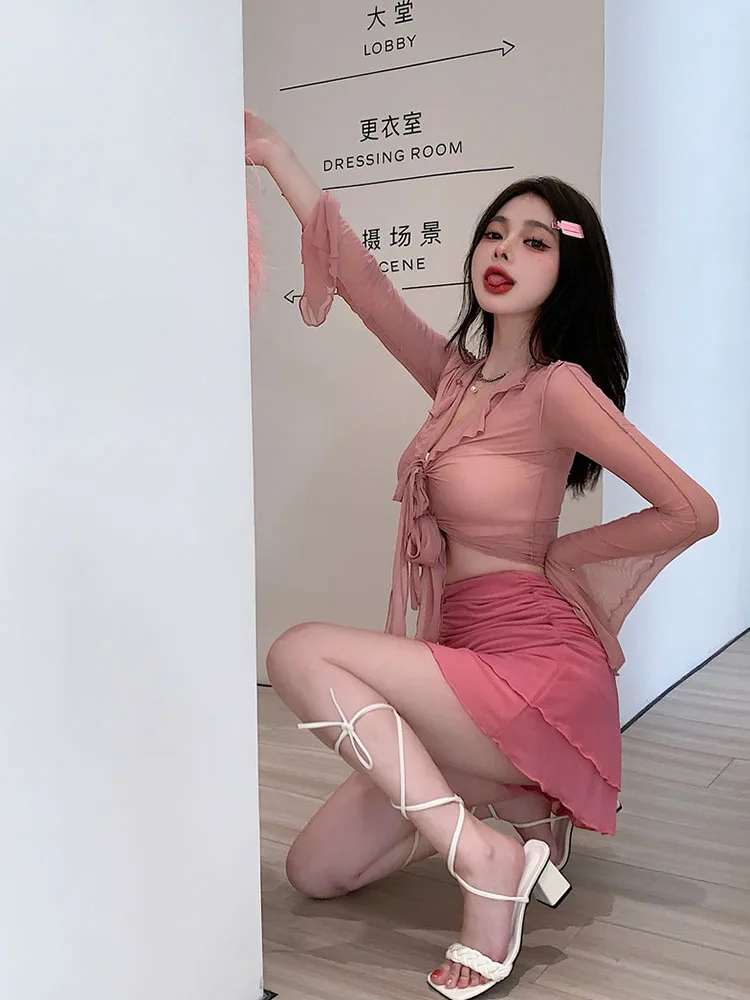 2025 moda de verano mujer manga larga mangas trompeta elegante encaje hasta perspectiva Top diseño de Color sólido Sexy estilo dulce