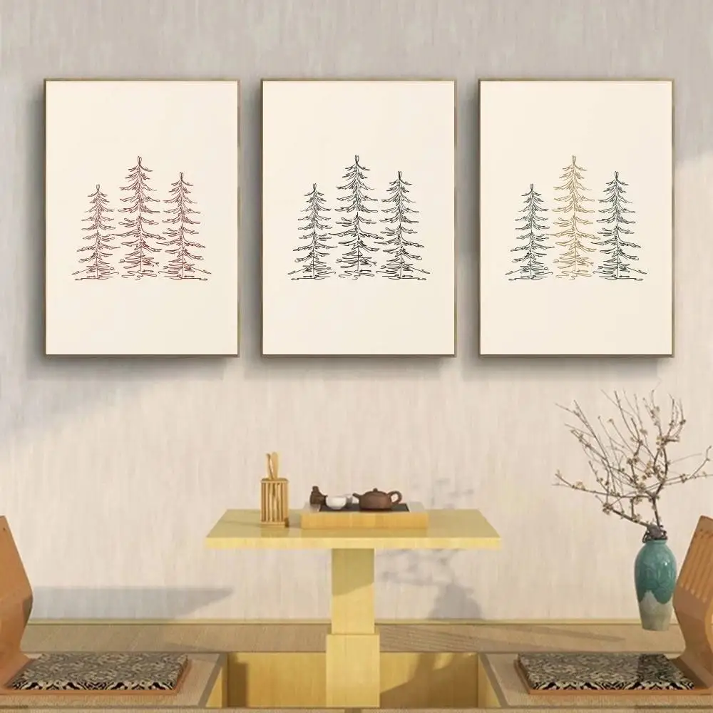 Minimal Merry Christmas Paper Poster Hand Script Text Pine Tree Line Art Red Green Neutral Farmhouse Holiday Wall Decor Unframed