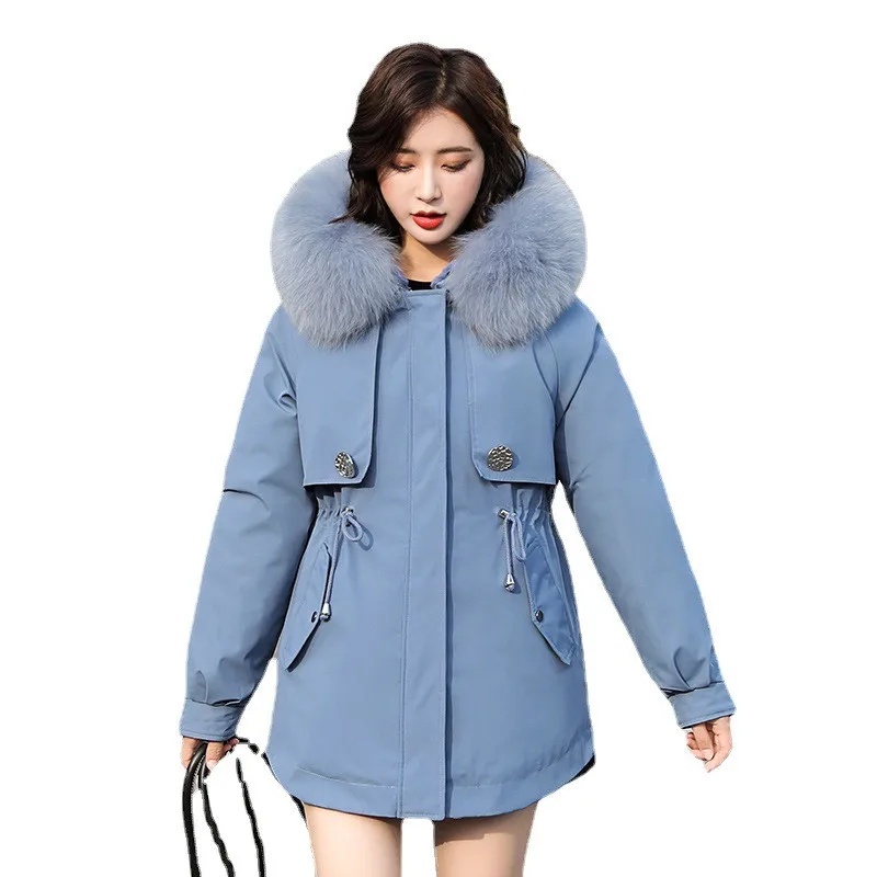 

Nice Pop Winter Coat Women Jacket Warm Long Snow Wear Parkas Fur Lining Padded Large Fur Collar Thicken Female Parka Coat