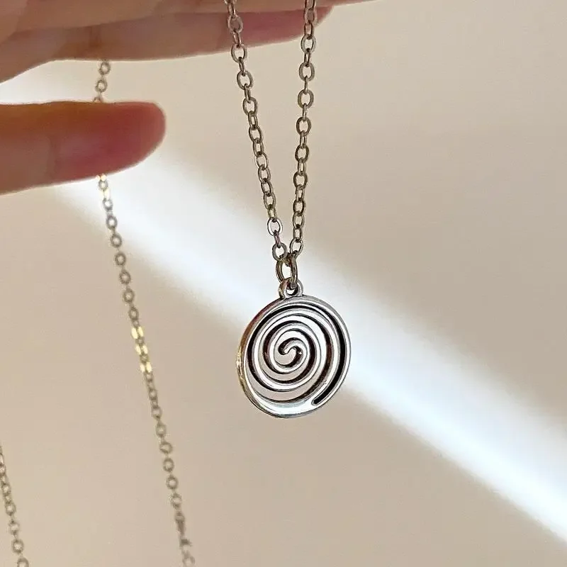Vintage Goth 90S Silver Color Spiral Vortex Pendant Chain Necklace Earrings for Women Men Y2K Aesthetic Jewelry Accessories