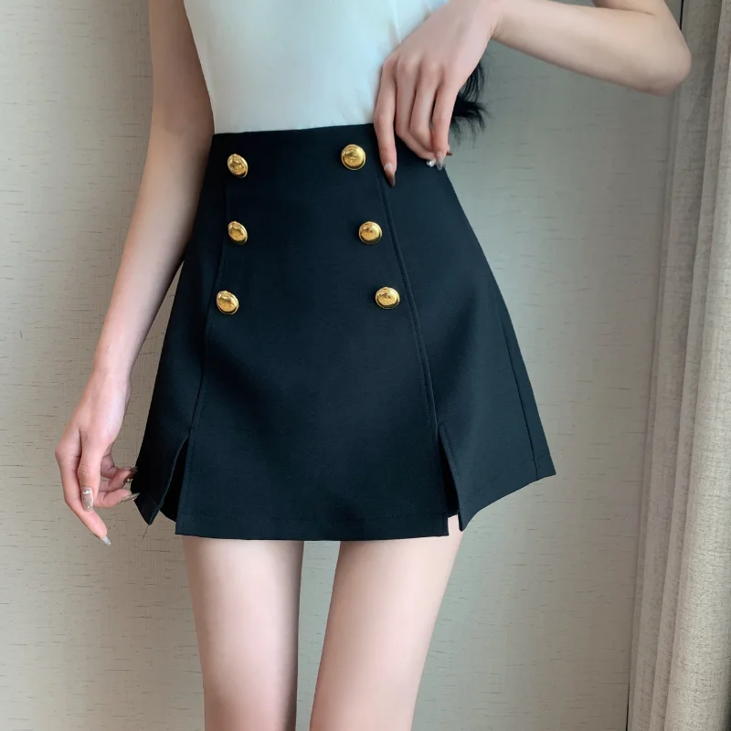 Korean Style Cute Sweet Women Formal High Waist A Line Double-Breasted Pleated Mini Short Skirts