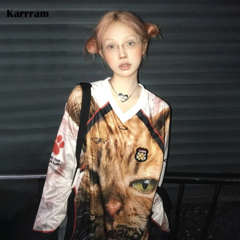 Karrram Japanese Y2k Kitten Print Jersey T-shirt Vintage Harajuku V-neck Long Sleeve Cat Tops American Retro Streetwear 2000s