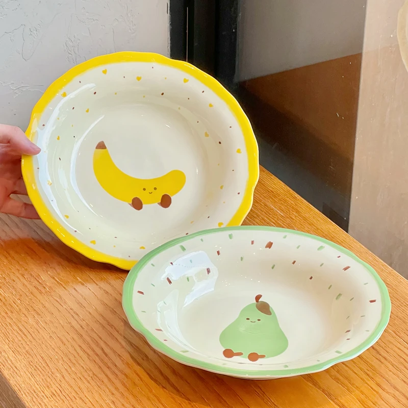 

High Aesthetic Cartoon Deep Plate Underglaze Colored Fruit Soup Plates Household Ceramic Tableware Nordic Patchwork Round Dish