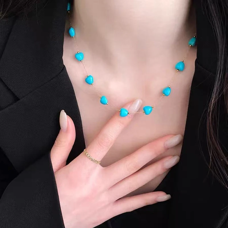 Retro Türkis Herzförmige Edelstahl-Halskette in Goldfarbe für Damen, Sexy Choker Schlüsselbein-Kette Schmuck-Accessoire – Detail 8