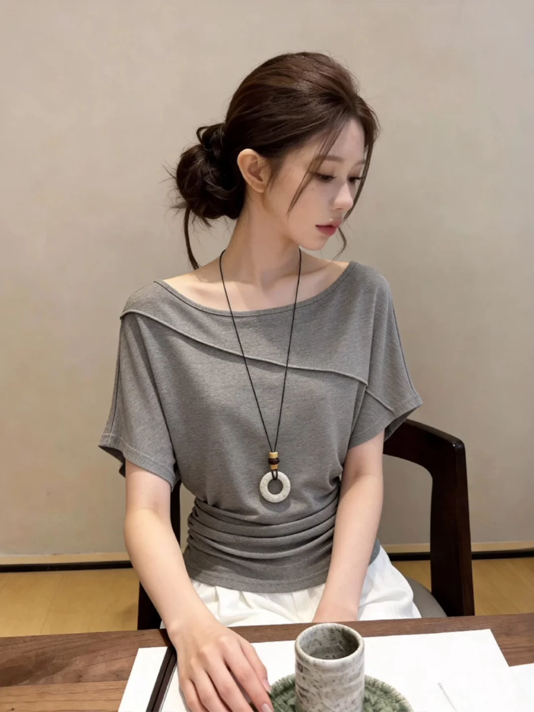 Unique Shoulder-One Short-Sleeve T-Shirt Women Summer plus Size Loose Slimming Beautiful Waist-Cut Top Korean Style Commute