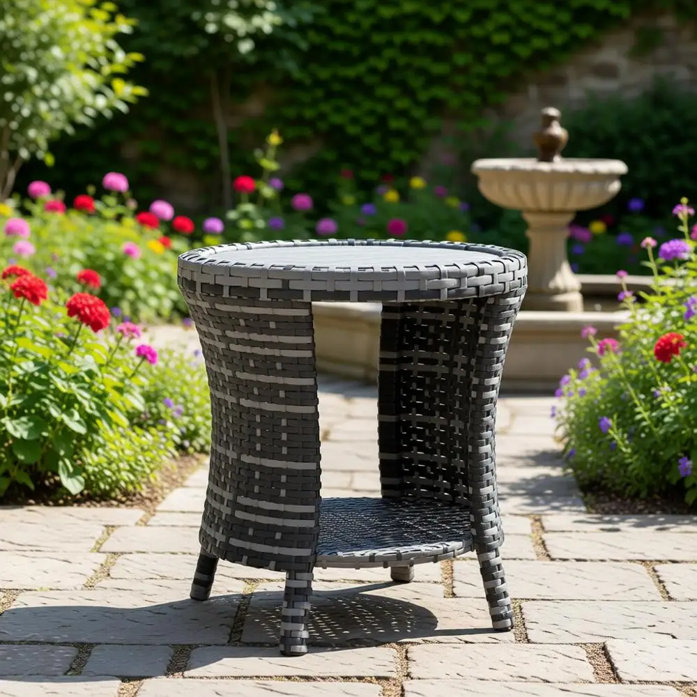 

18 Two-Tier Outdoor Wicker Side Table with Storage, PE Rattan and Wood Composite Top, for Patio, Garden, or Balcony, Gray