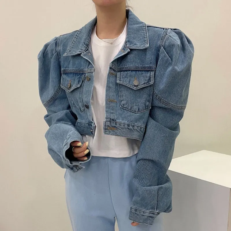 Matakawa Short Jackets Women Solid Autumn Puff Sleeve Vintage Korean Fashion Denim Chaquetas Simple Elegant Veste Femme 5 Matakawa Short Jackets Women Solid Autumn Puff Sleeve Vintage Korean Fashion Denim Chaquetas Simple Elegant Veste Femme 5