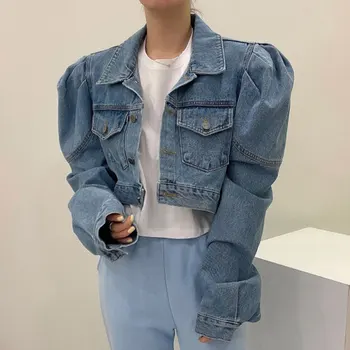 Women’s Vintage Puff Sleeve Denim Jacket 5 Matakawa Short Jackets Women Solid Autumn Puff Sleeve Vintage Korean Fashion Denim Chaquetas Simple Elegant Veste Femme 5