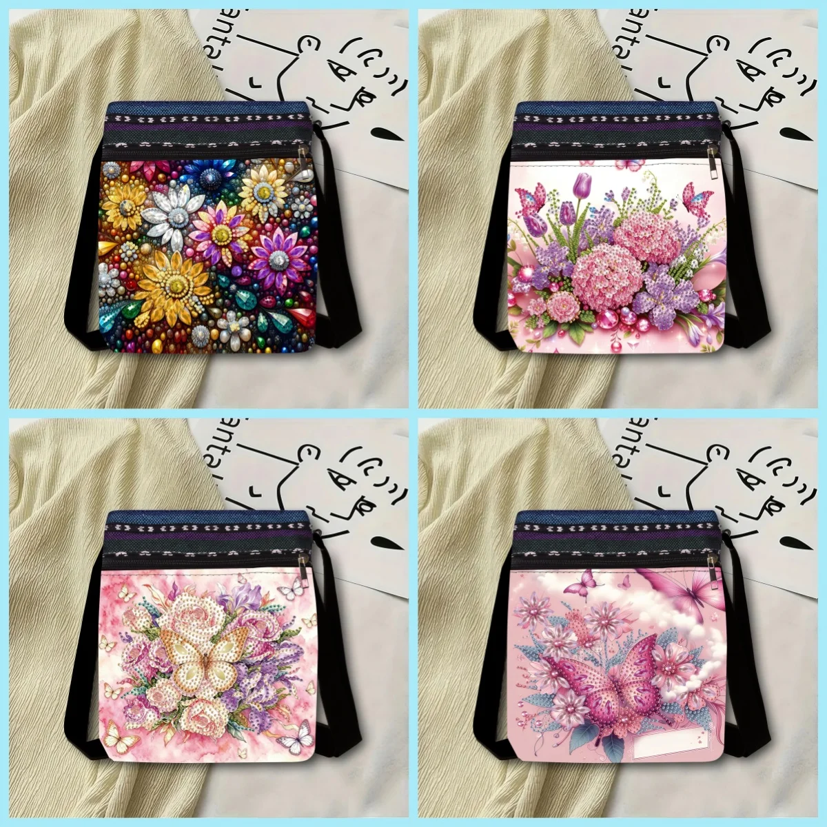 1 Piece of Diamond Painting kit, Messenger bag, flower and Butterfly pattern, canvas Material, carried when Traveling, Holiday g