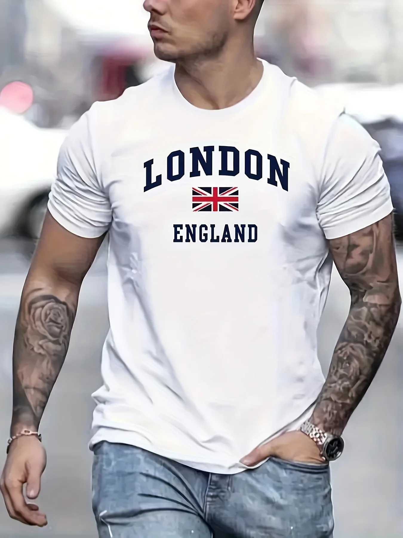 

Summer men's 100% pure cotton casual loose fit plus size London England pattern printed round neck short sleeved T-shirt top