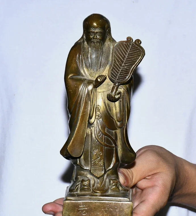 7.8'' Old Chinese Dynasty Bronze Laozi Lao Zi Li Ear Fan Taoism Founder Statue