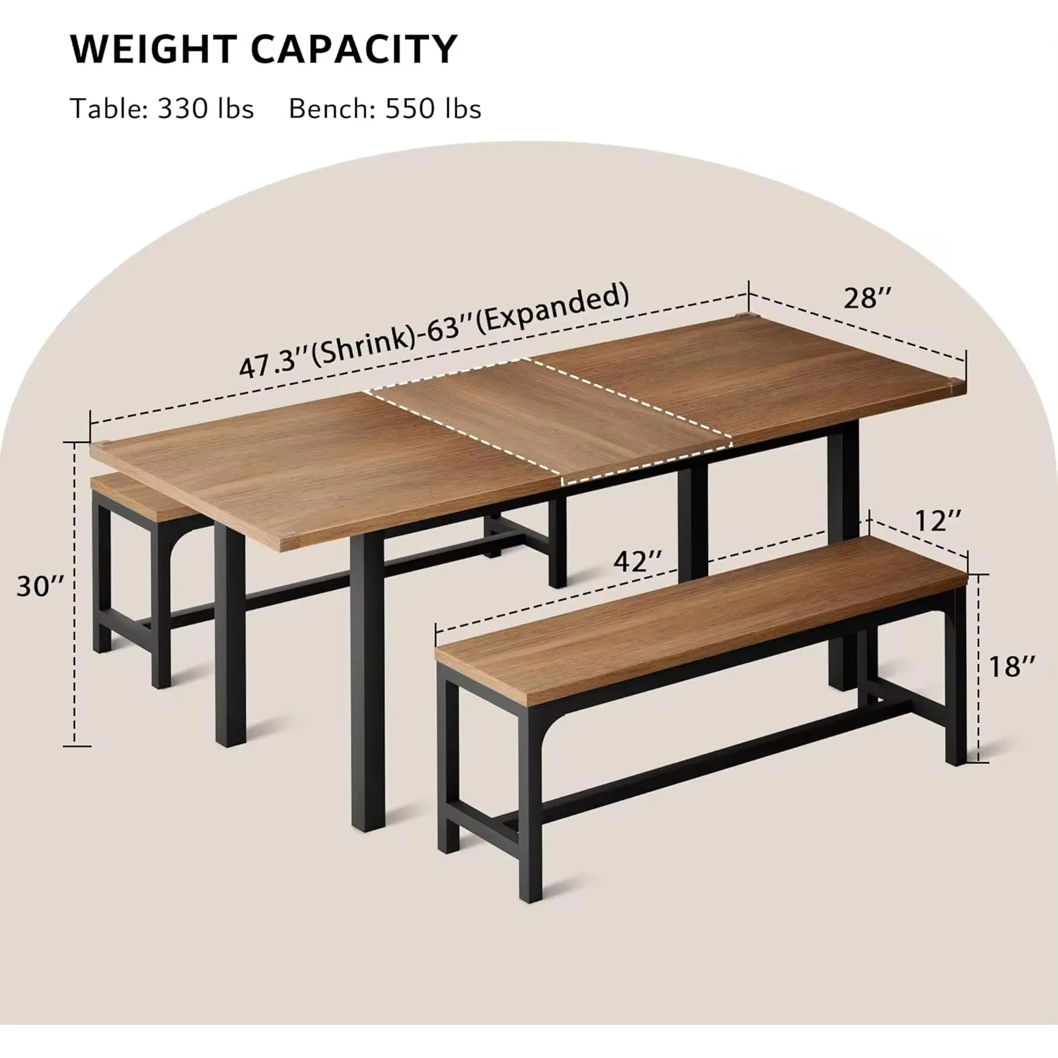 Dining Table for 4-6, Extendable Dining Room Table with 2 Benches, Modern Kitchen Table Set for Small Space, Easy Clean, Walnut