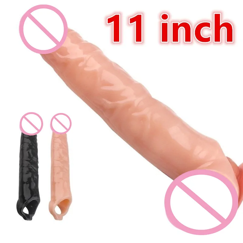 Male Lengthen Reusable Realistic Penis Sleeve Extender With Ball Loop Sex Toys Silicone 11inch