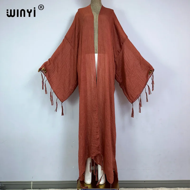 WINYI kimono Africa coat fashion kaftans beach cover-ups Fringed monochrome cardigan beach outfits for women vestidos para playa