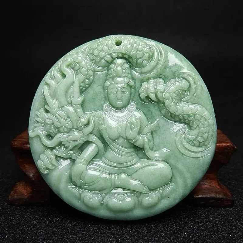 

Natural Bean Green Handicraft Guanyin Jade Pendant Men's and Female Zodiac Dragon Necklace Gifts