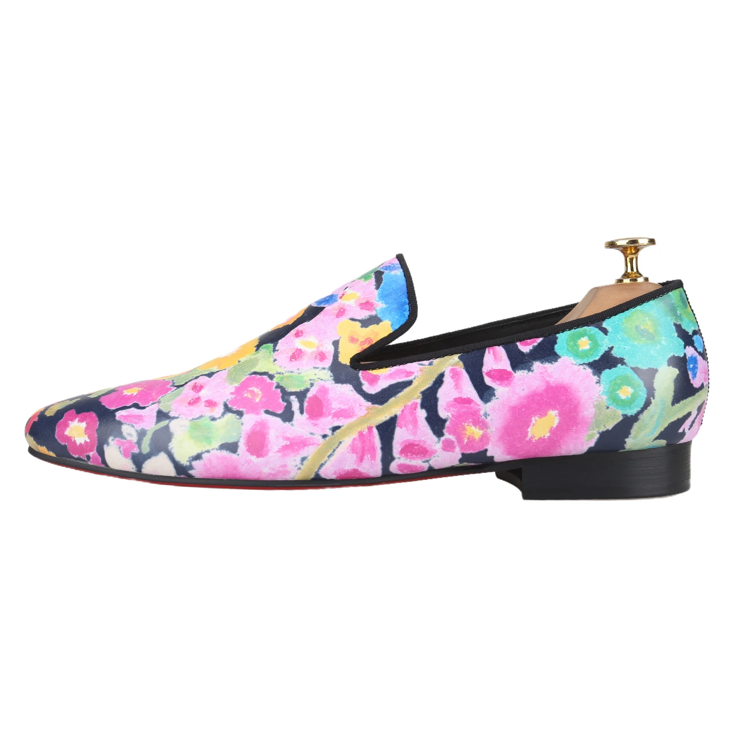 Piergitar Yuppie Style Flowers Batik Cow Leather Fashionable Loafers Pure Handmade Men's Slip-On Shoes Classic Red Color Outsole