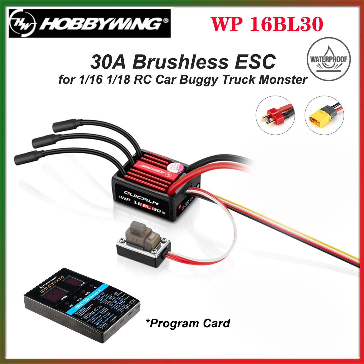 

Hobbywing QuicRun WP 16BL30 G2 30A Brushless ESC Speed Controller for T/XT60/Tamiya for 1/16 1/18 RC Car Buggy Truck Monster