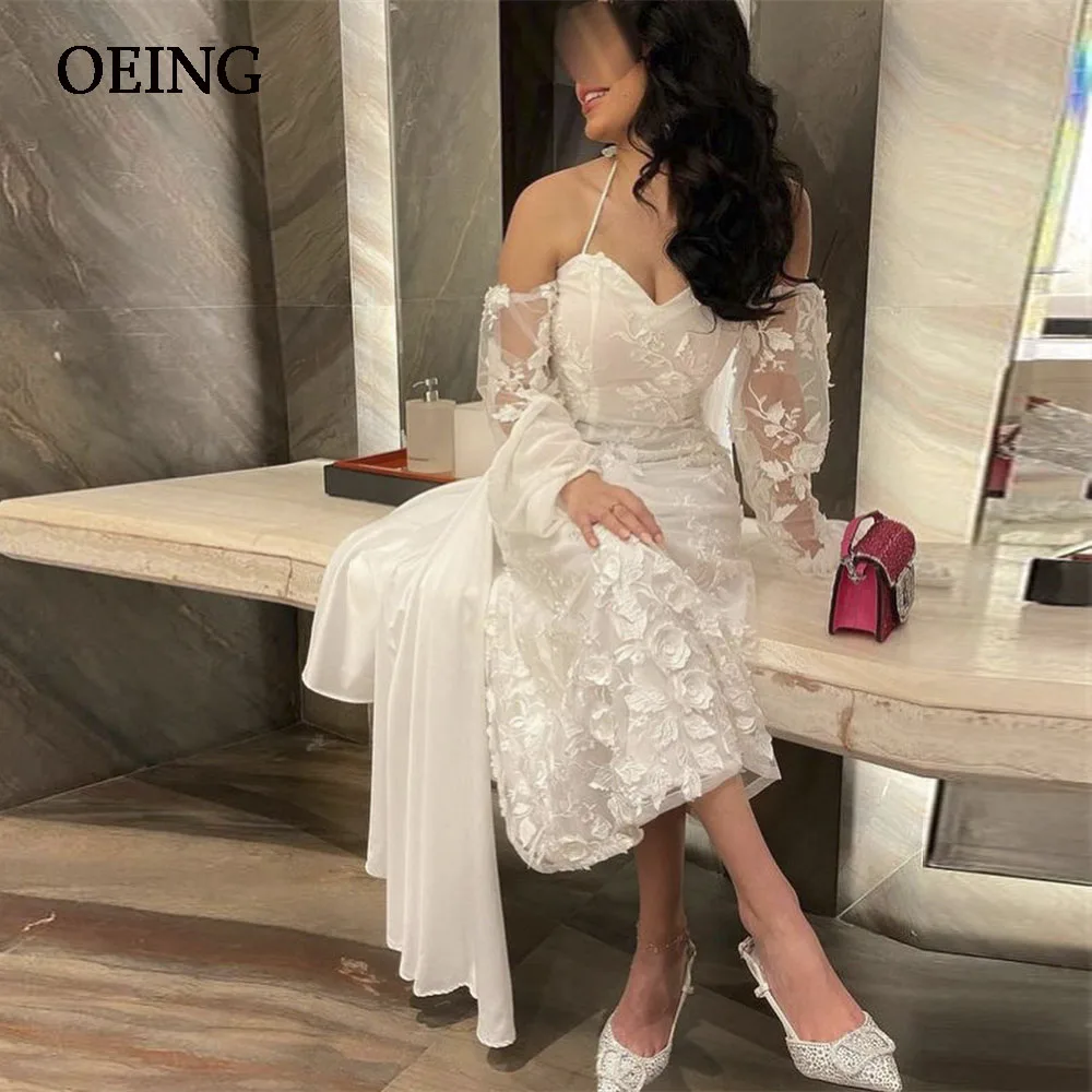 OEING-Sexy White Flower Appliques Prom Vestidos, Querida Spaghetti Straps, Vestido de noite, Vestido Ocasião Formal