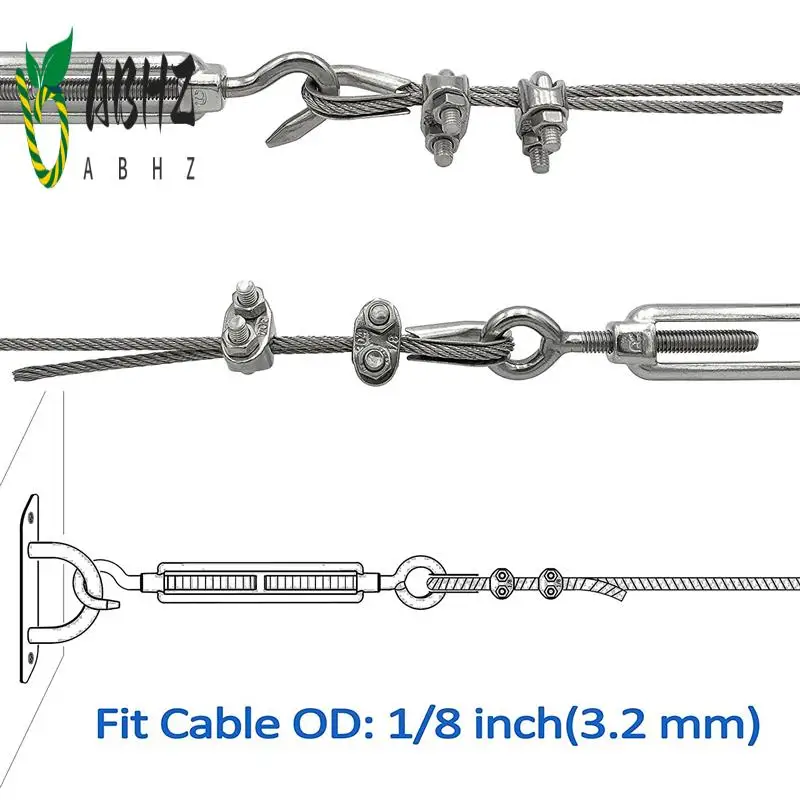 

ABHZ-4-Pcs Turnbuckle/Tension(Eye&Hook, M6) 16-Pcs 1/8 Inch Wire Rope Cable Clip/Clamp(M3), 8-Pcs Thimble(M3) Kit