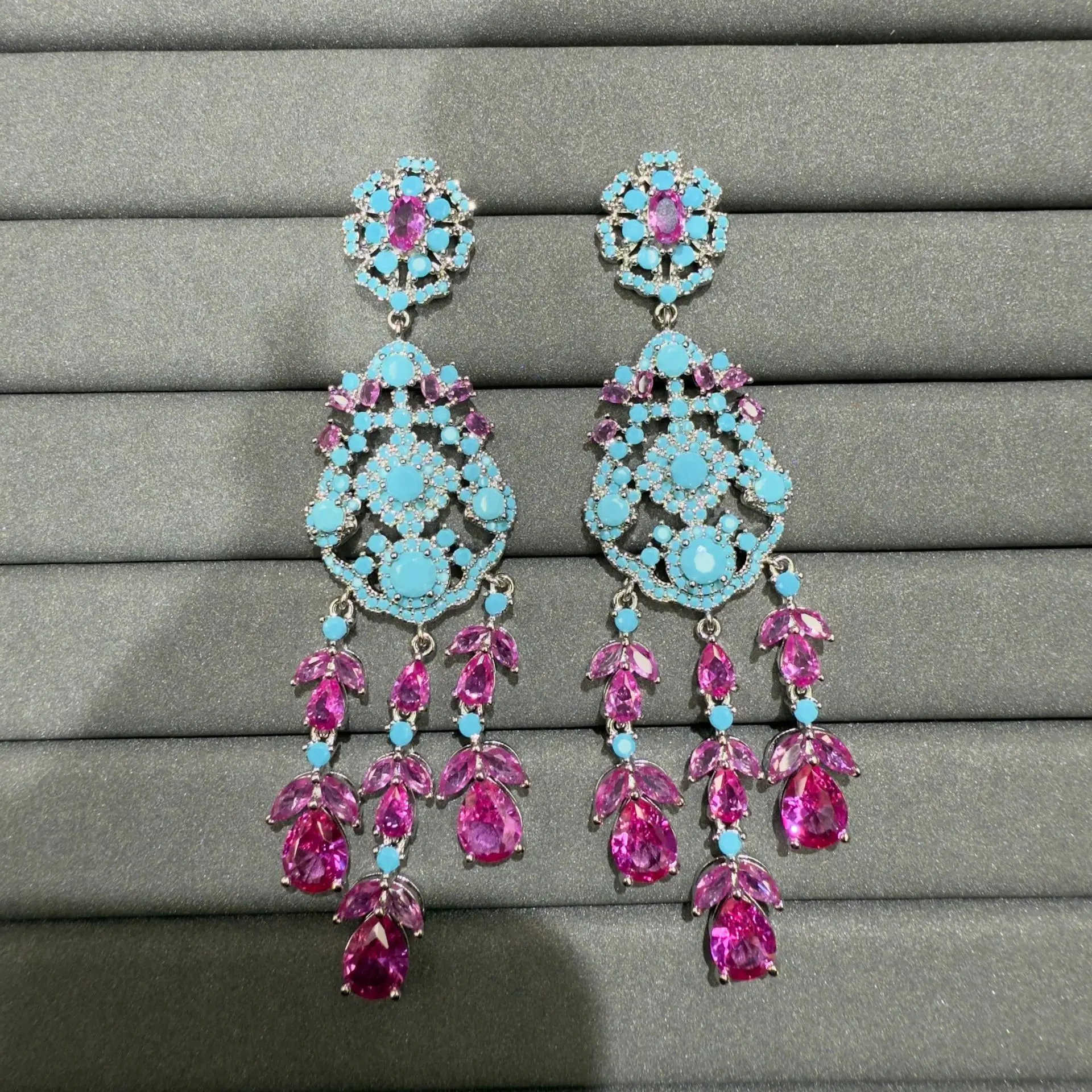 

luxury cubic zirconia earrings for women long jewelry gala event party flower teardrop dangling earrings fushia black blue green
